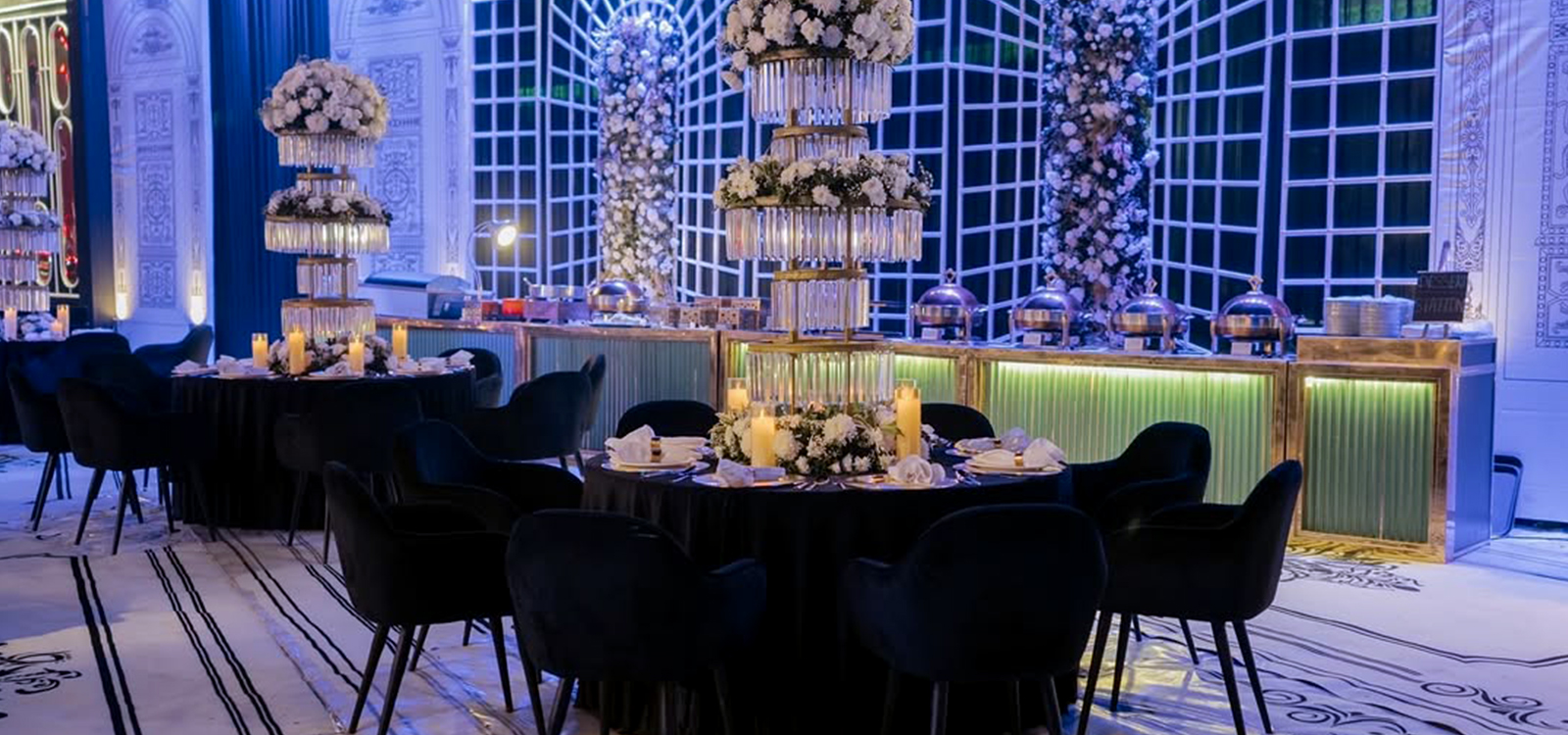 Grand wedding reception venue at night